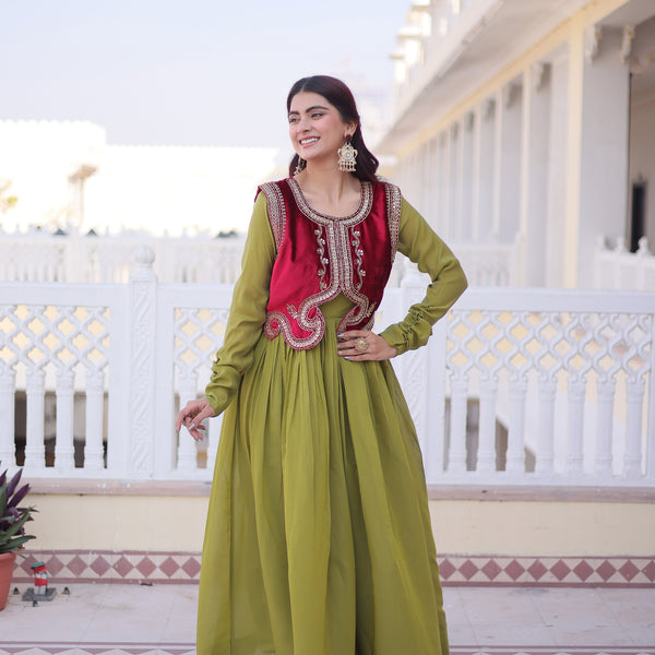 Lorenvalley Fashion Pista Mal Chanderi Flair Gown with Koti - Distacart