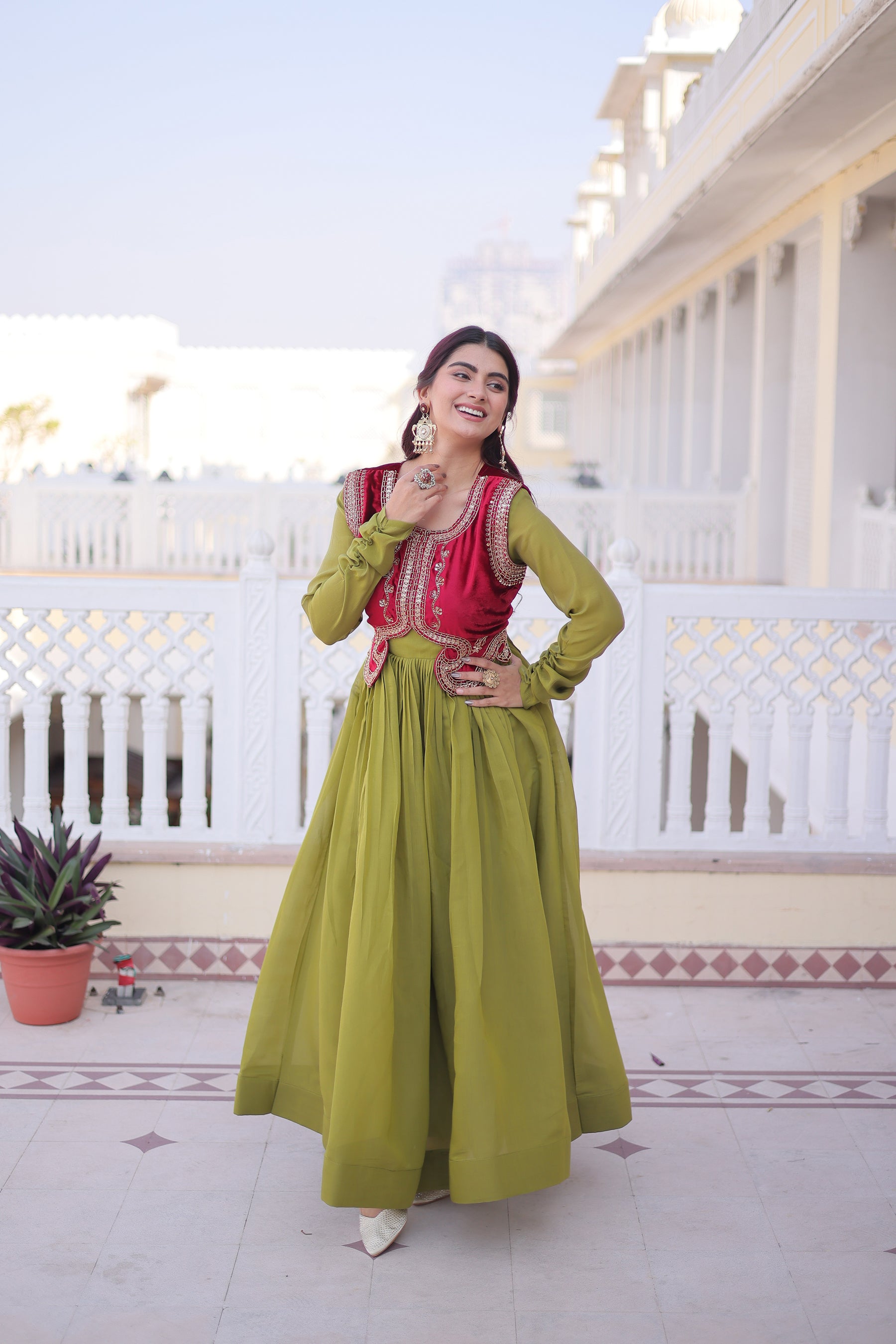 Lorenvalley Fashion Pista Mal Chanderi Flair Gown with Koti - Distacart
