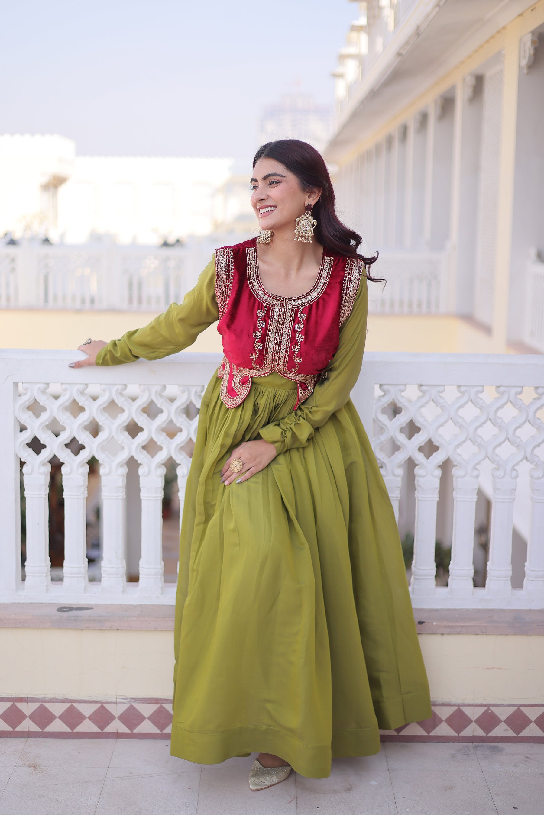 Lorenvalley Fashion Pista Mal Chanderi Flair Gown with Koti - Distacart