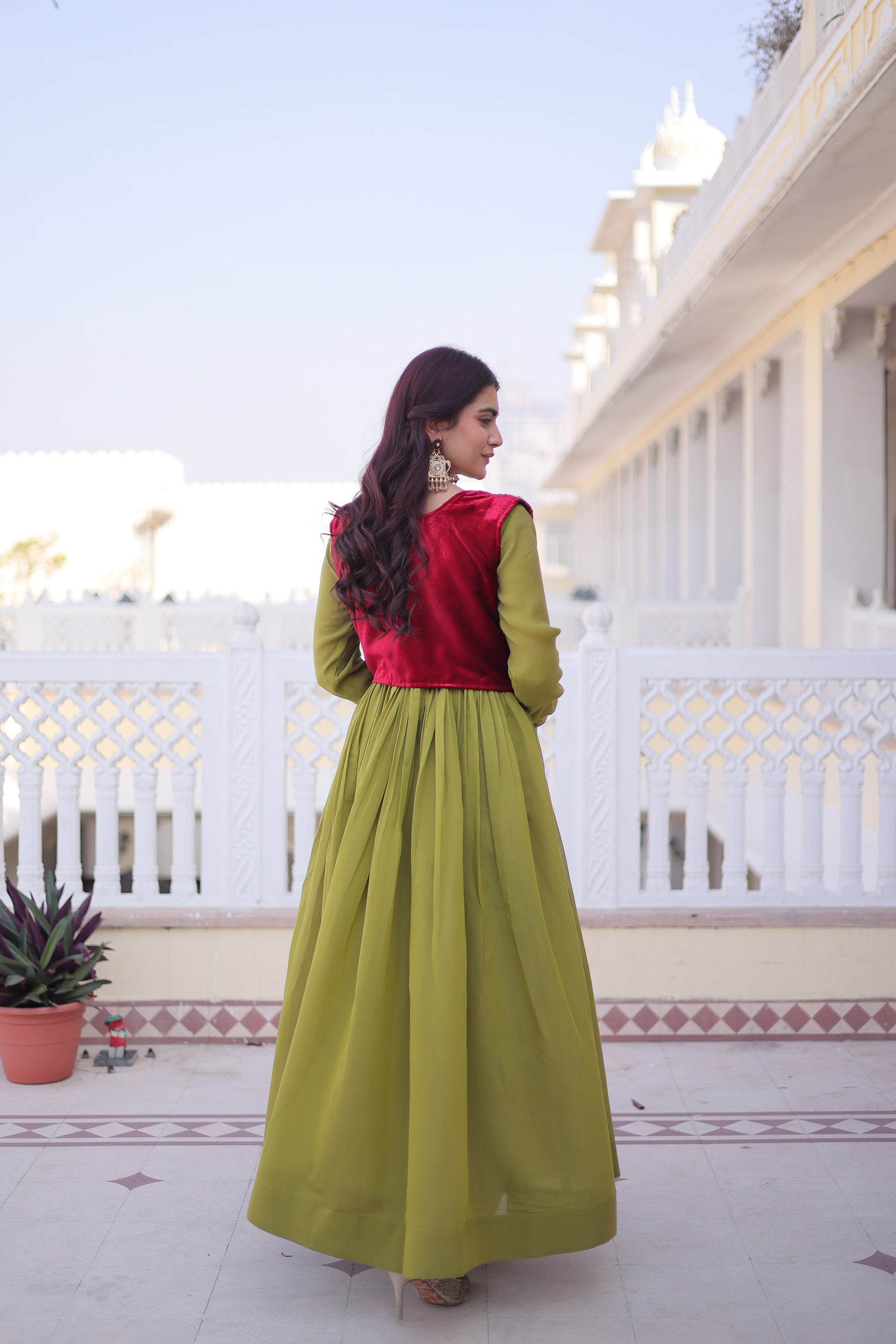 Lorenvalley Fashion Pista Mal Chanderi Flair Gown with Koti - Distacart