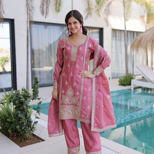 Lorenvalley Fashion Pink Ho Silk With Zari Multi & Thread Embroidered Work Kurta Pant With Dupatta - Distacart