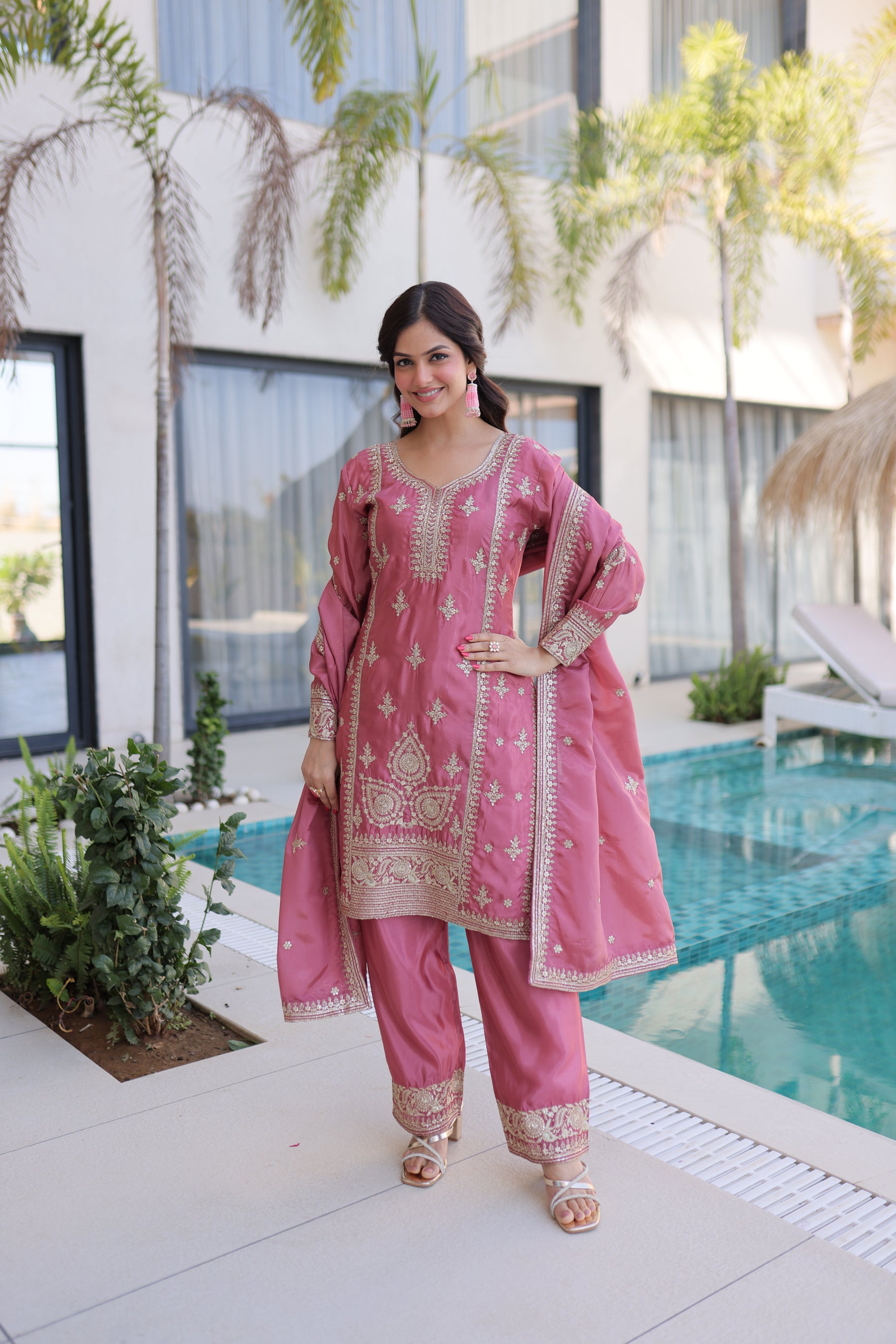 Lorenvalley Fashion Pink Ho Silk With Zari Multi & Thread Embroidered Work Kurta Pant With Dupatta - Distacart