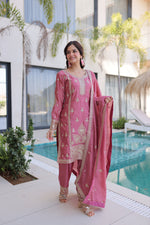 Thumbnail for Lorenvalley Fashion Pink Ho Silk With Zari Multi & Thread Embroidered Work Kurta Pant With Dupatta - Distacart