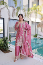 Thumbnail for Lorenvalley Fashion Pink Ho Silk With Zari Multi & Thread Embroidered Work Kurta Pant With Dupatta - Distacart
