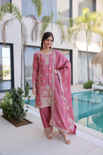 Thumbnail for Lorenvalley Fashion Pink Ho Silk With Zari Multi & Thread Embroidered Work Kurta Pant With Dupatta - Distacart