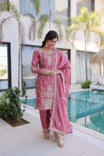 Thumbnail for Lorenvalley Fashion Pink Ho Silk With Zari Multi & Thread Embroidered Work Kurta Pant With Dupatta - Distacart