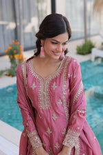 Thumbnail for Lorenvalley Fashion Pink Ho Silk With Zari Multi & Thread Embroidered Work Kurta Pant With Dupatta - Distacart