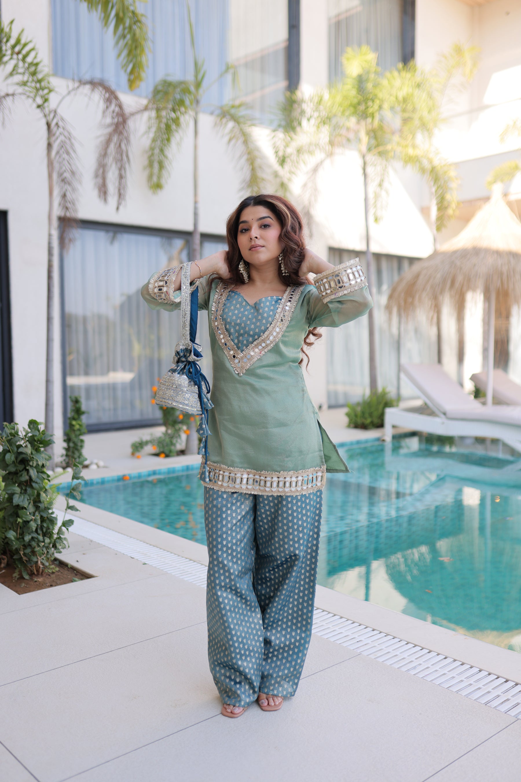 Lorenvalley Fashion Sky Blue Salasa Fabric with Mirror & Lace work Kurta with Pant - Distacart