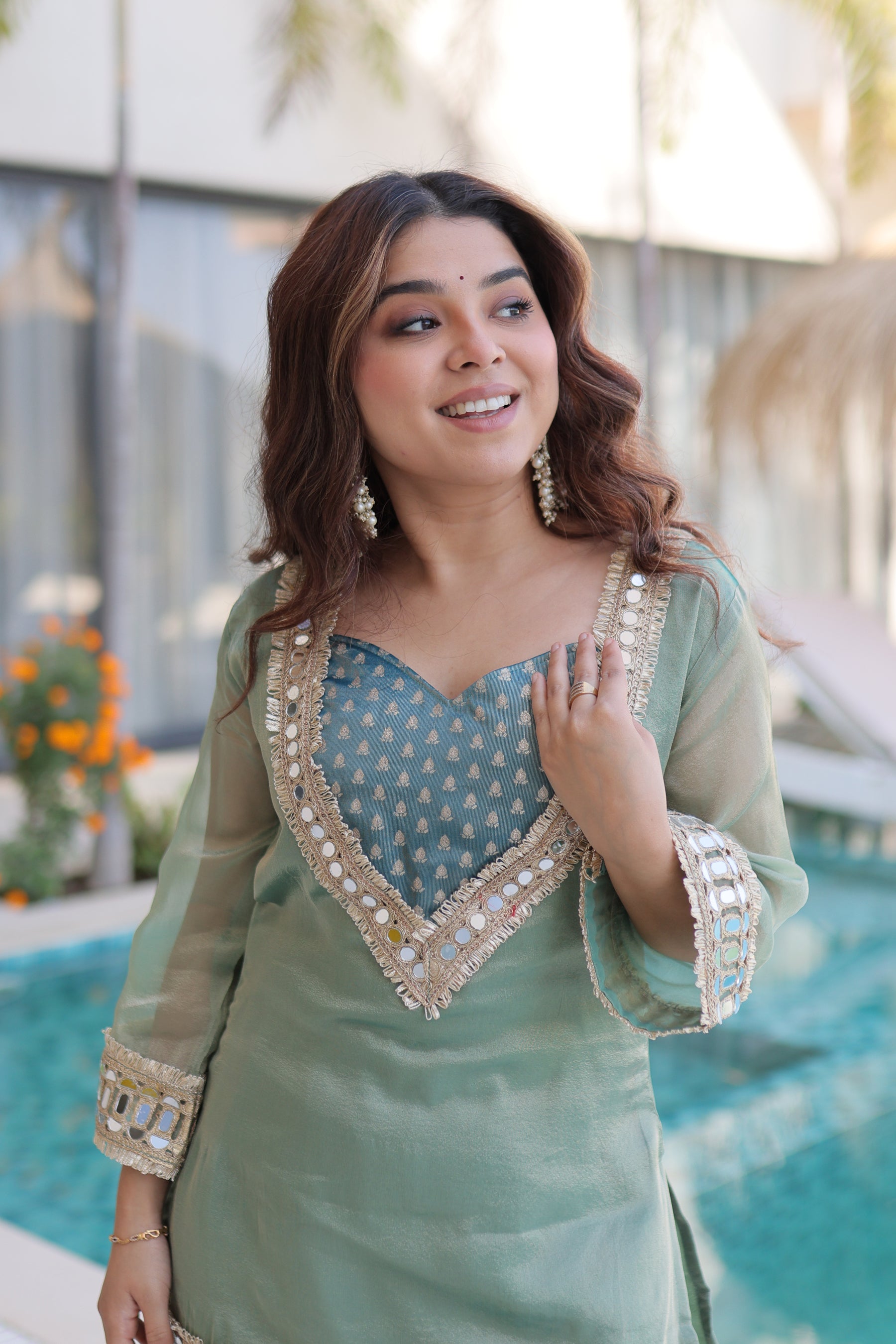 Lorenvalley Fashion Sky Blue Salasa Fabric with Mirror & Lace work Kurta with Pant - Distacart
