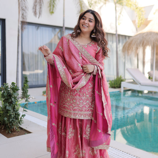 Lorenvalley Fashion Pink Fendy Satin Crush with Zari & Sequins Embroidered work Kurta Sharara with Dupatta - Distacart