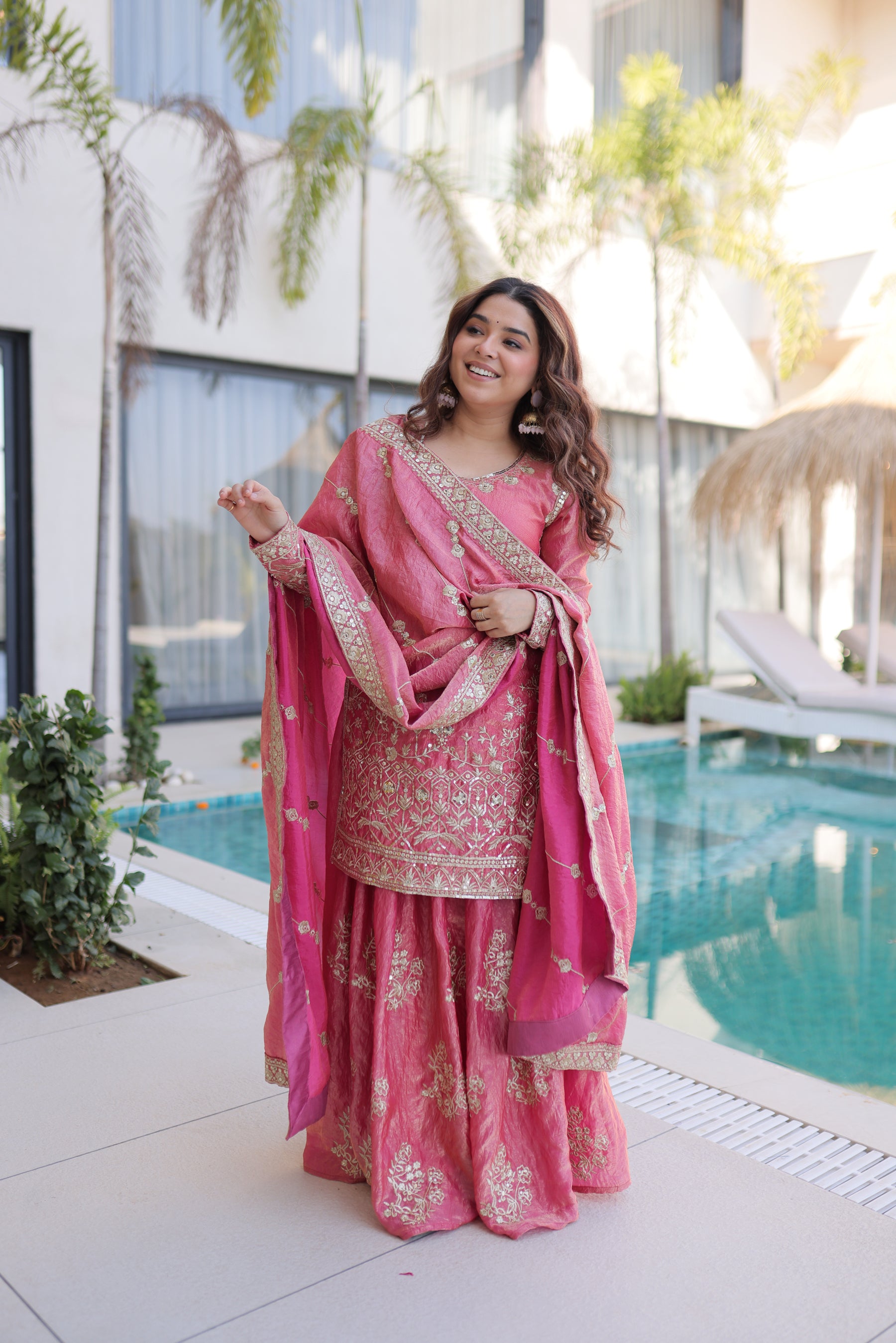 Lorenvalley Fashion Pink Fendy Satin Crush with Zari & Sequins Embroidered work Kurta Sharara with Dupatta - Distacart