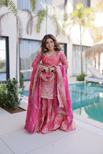 Thumbnail for Lorenvalley Fashion Pink Fendy Satin Crush with Zari & Sequins Embroidered work Kurta Sharara with Dupatta - Distacart