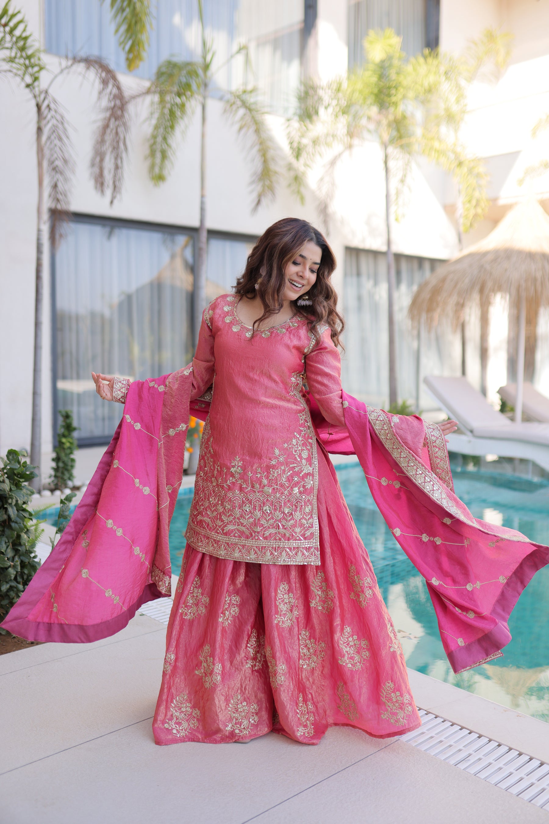 Lorenvalley Fashion Pink Fendy Satin Crush with Zari & Sequins Embroidered work Kurta Sharara with Dupatta - Distacart