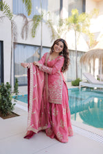 Thumbnail for Lorenvalley Fashion Pink Fendy Satin Crush with Zari & Sequins Embroidered work Kurta Sharara with Dupatta - Distacart