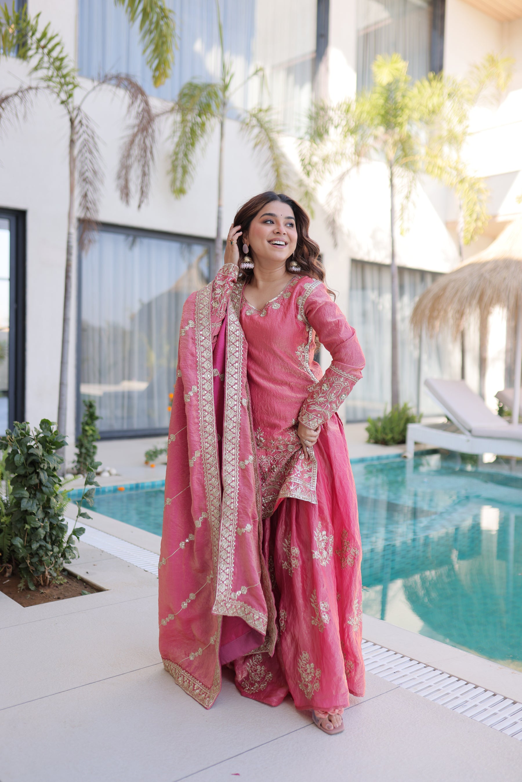 Lorenvalley Fashion Pink Fendy Satin Crush with Zari & Sequins Embroidered work Kurta Sharara with Dupatta - Distacart