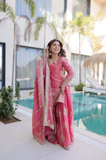 Thumbnail for Lorenvalley Fashion Pink Fendy Satin Crush with Zari & Sequins Embroidered work Kurta Sharara with Dupatta - Distacart