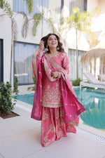 Thumbnail for Lorenvalley Fashion Pink Fendy Satin Crush with Zari & Sequins Embroidered work Kurta Sharara with Dupatta - Distacart