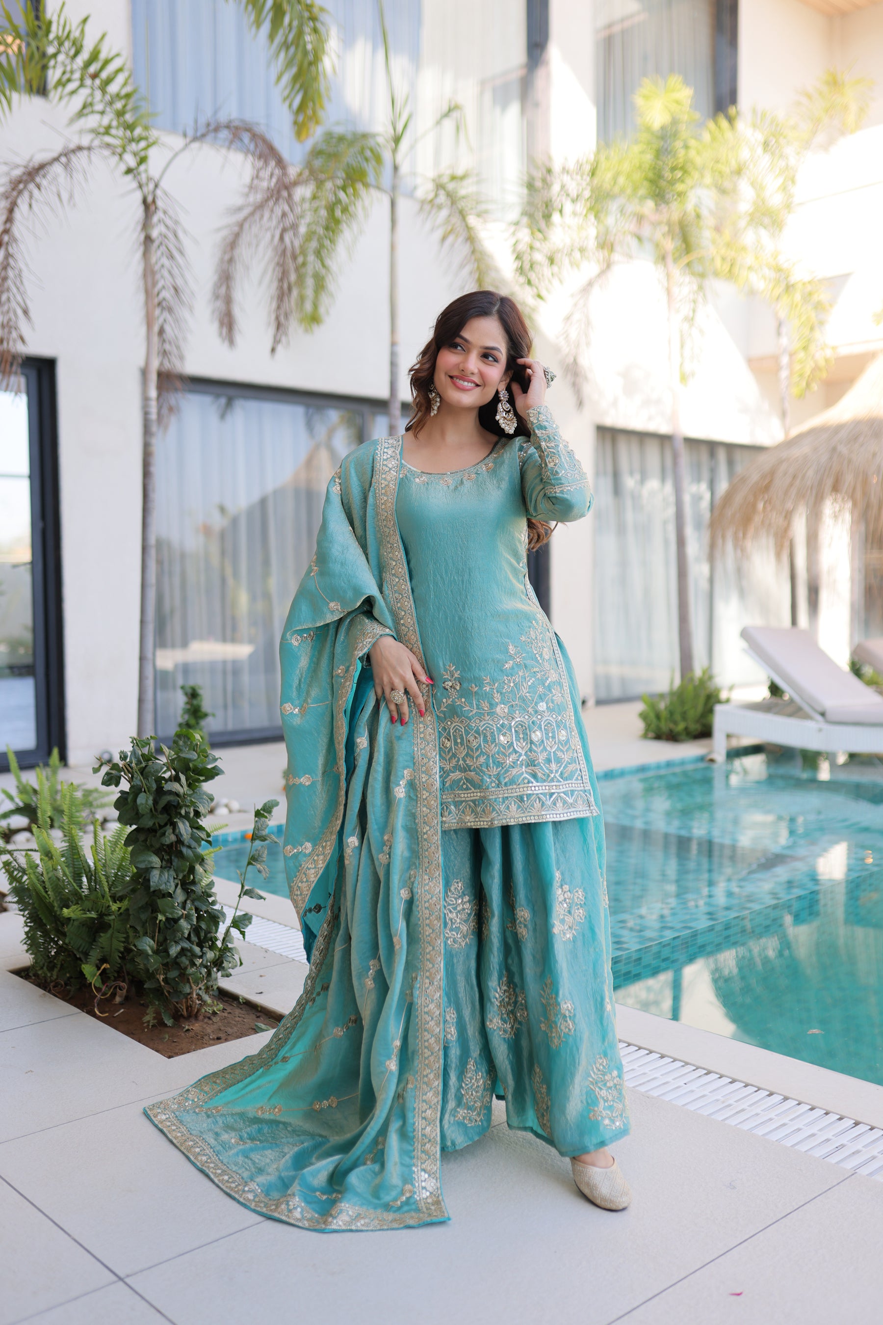 Lorenvalley Fashion Sky Blue Fendy Satin Crush with Zari & Sequins Embroidered work Kurta Sharara with Dupatta - Distacart