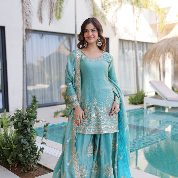 Lorenvalley Fashion Sky Blue Fendy Satin Crush with Zari & Sequins Embroidered work Kurta Sharara with Dupatta - Distacart