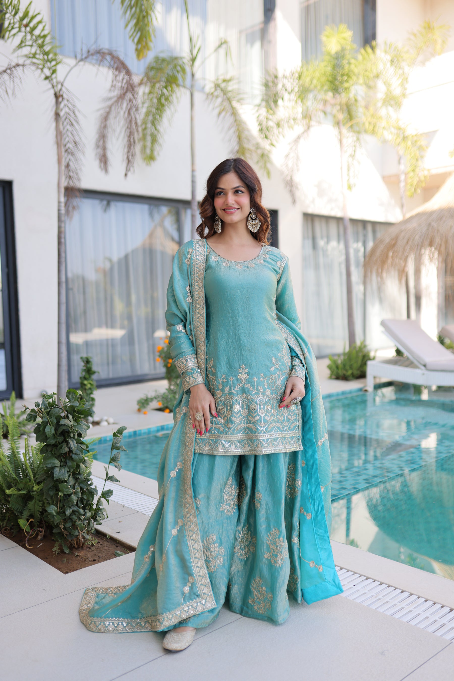 Lorenvalley Fashion Sky Blue Fendy Satin Crush with Zari & Sequins Embroidered work Kurta Sharara with Dupatta