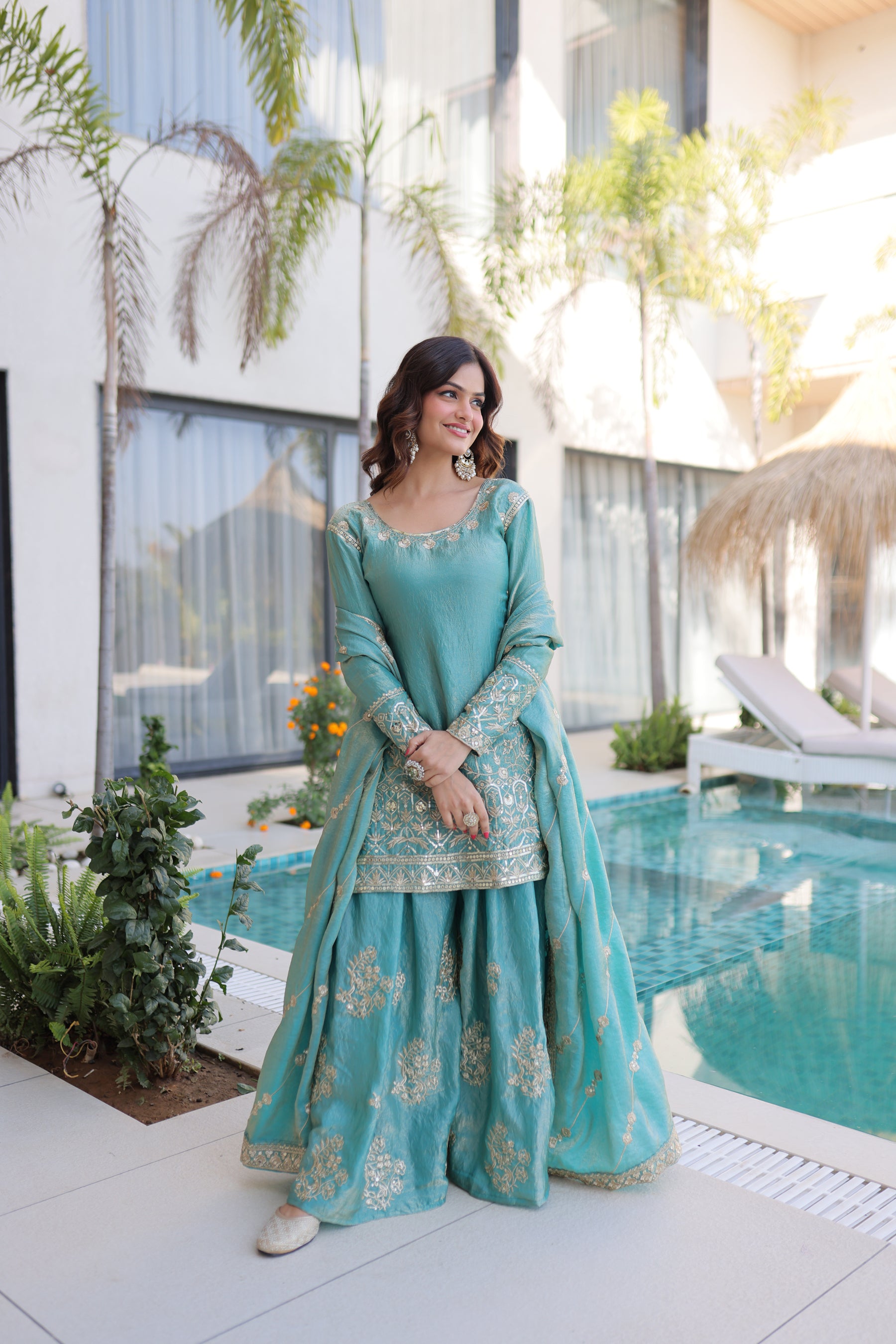 Lorenvalley Fashion Sky Blue Fendy Satin Crush with Zari & Sequins Embroidered work Kurta Sharara with Dupatta - Distacart