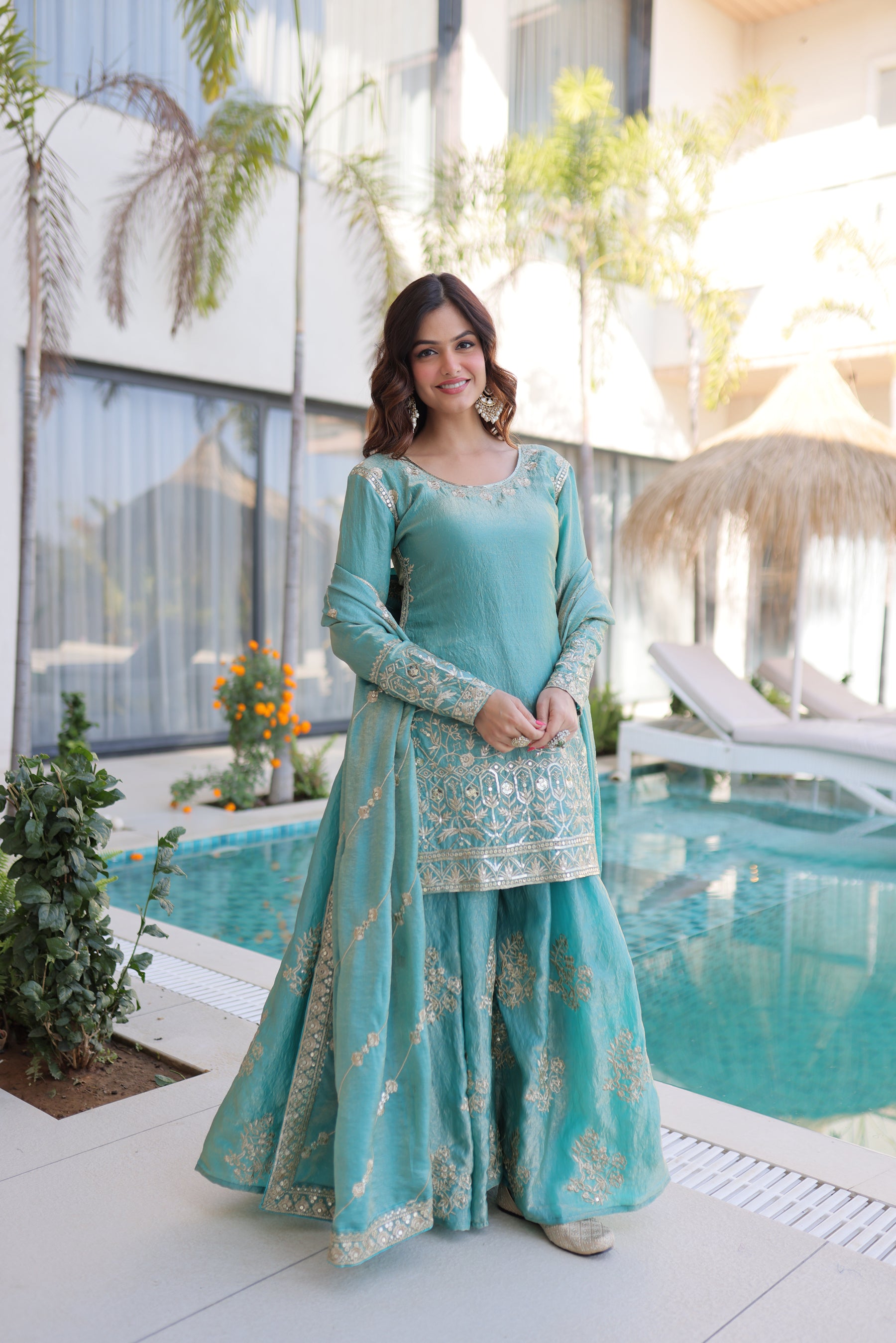 Lorenvalley Fashion Sky Blue Fendy Satin Crush with Zari & Sequins Embroidered work Kurta Sharara with Dupatta - Distacart