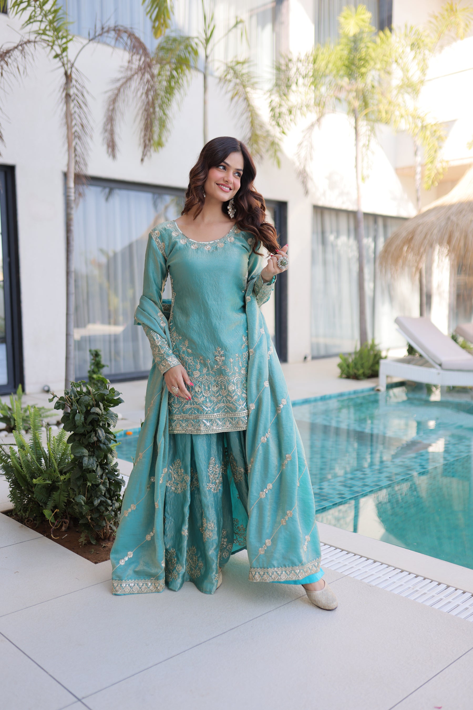 Lorenvalley Fashion Sky Blue Fendy Satin Crush with Zari & Sequins Embroidered work Kurta Sharara with Dupatta - Distacart