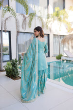 Thumbnail for Lorenvalley Fashion Sky Blue Fendy Satin Crush with Zari & Sequins Embroidered work Kurta Sharara with Dupatta - Distacart