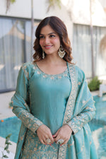 Thumbnail for Lorenvalley Fashion Sky Blue Fendy Satin Crush with Zari & Sequins Embroidered work Kurta Sharara with Dupatta - Distacart