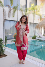Thumbnail for Lorenvalley Fashion Maroon Viscose with Sequins & Coding Zari Embroidered work Kurta Pant with Batwa - Distacart