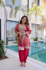 Thumbnail for Lorenvalley Fashion Maroon Viscose with Sequins & Coding Zari Embroidered work Kurta Pant with Batwa - Distacart