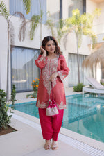 Thumbnail for Lorenvalley Fashion Maroon Viscose with Sequins & Coding Zari Embroidered work Kurta Pant with Batwa - Distacart