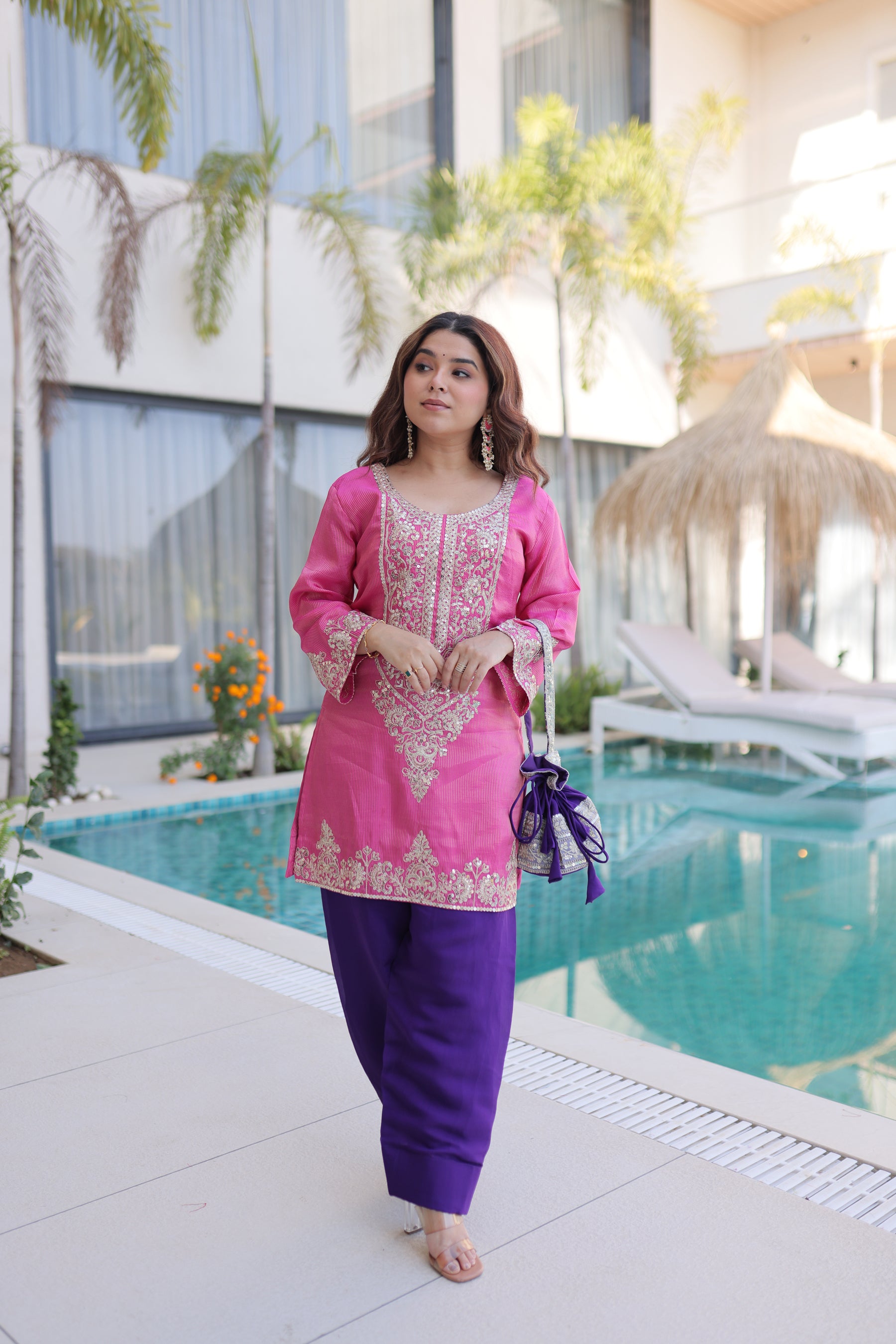 Lorenvalley Fashion Pink Viscose with Sequins & Coding Zari Embroidered work Kurta Pant with Batwa - Distacart