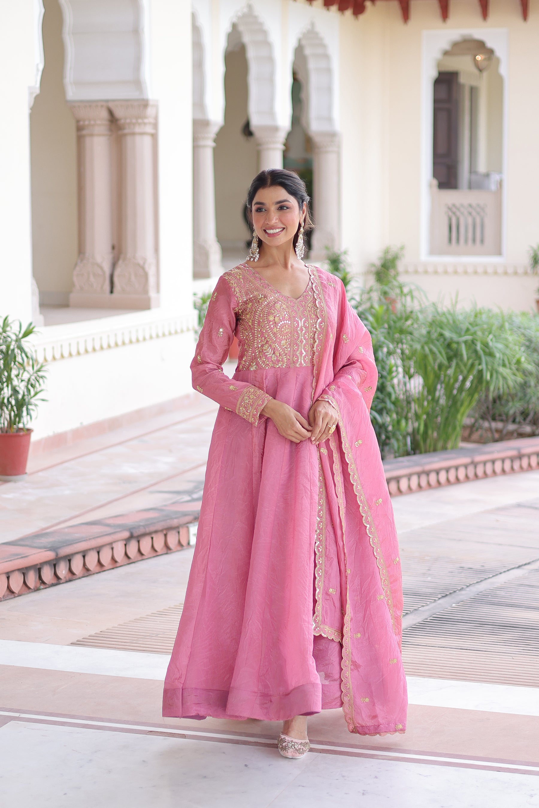 Lorenvalley Fashion Pink Gold Crush with Rich Sequins & Zari Embroidered work Gown with Dupatta - Distacart
