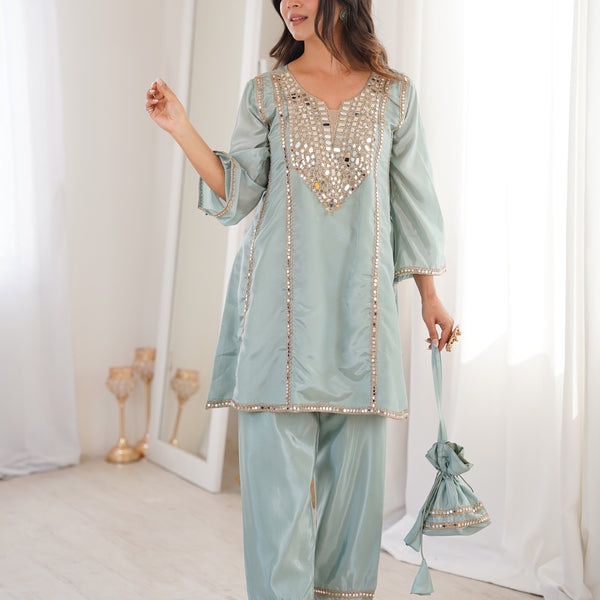 Lorenvalley Fashion Skyblue H O Silk with Real Mirror Embroidered work Kurta Pant with Batwa - Distacart