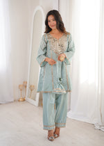 Thumbnail for Lorenvalley Fashion Skyblue H O Silk with Real Mirror Embroidered work Kurta Pant with Batwa - Distacart