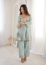 Thumbnail for Lorenvalley Fashion Skyblue H O Silk with Real Mirror Embroidered work Kurta Pant with Batwa - Distacart