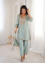 Thumbnail for Lorenvalley Fashion Skyblue H O Silk with Real Mirror Embroidered work Kurta Pant with Batwa - Distacart