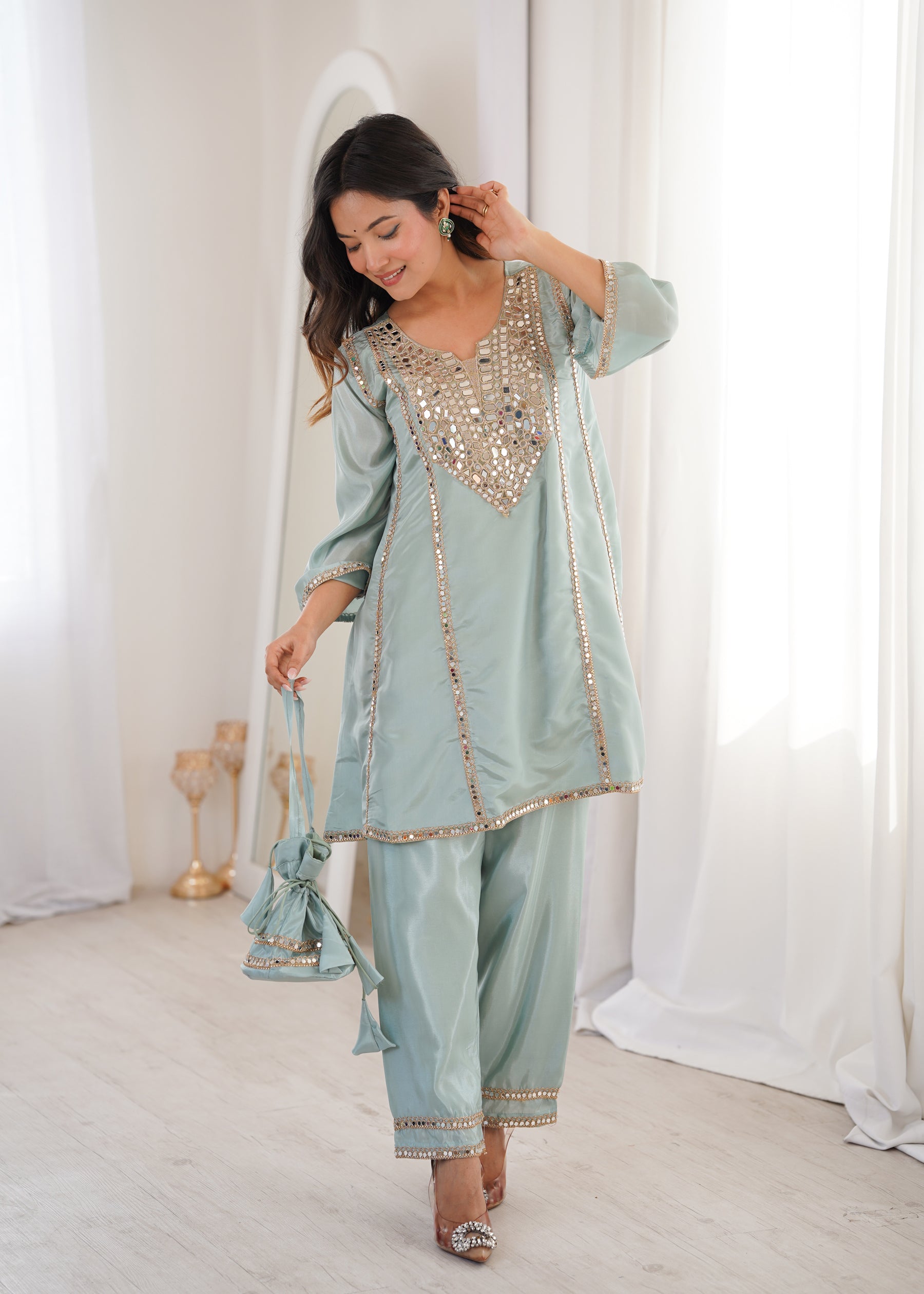Lorenvalley Fashion Skyblue H O Silk with Real Mirror Embroidered work Kurta Pant with Batwa - Distacart