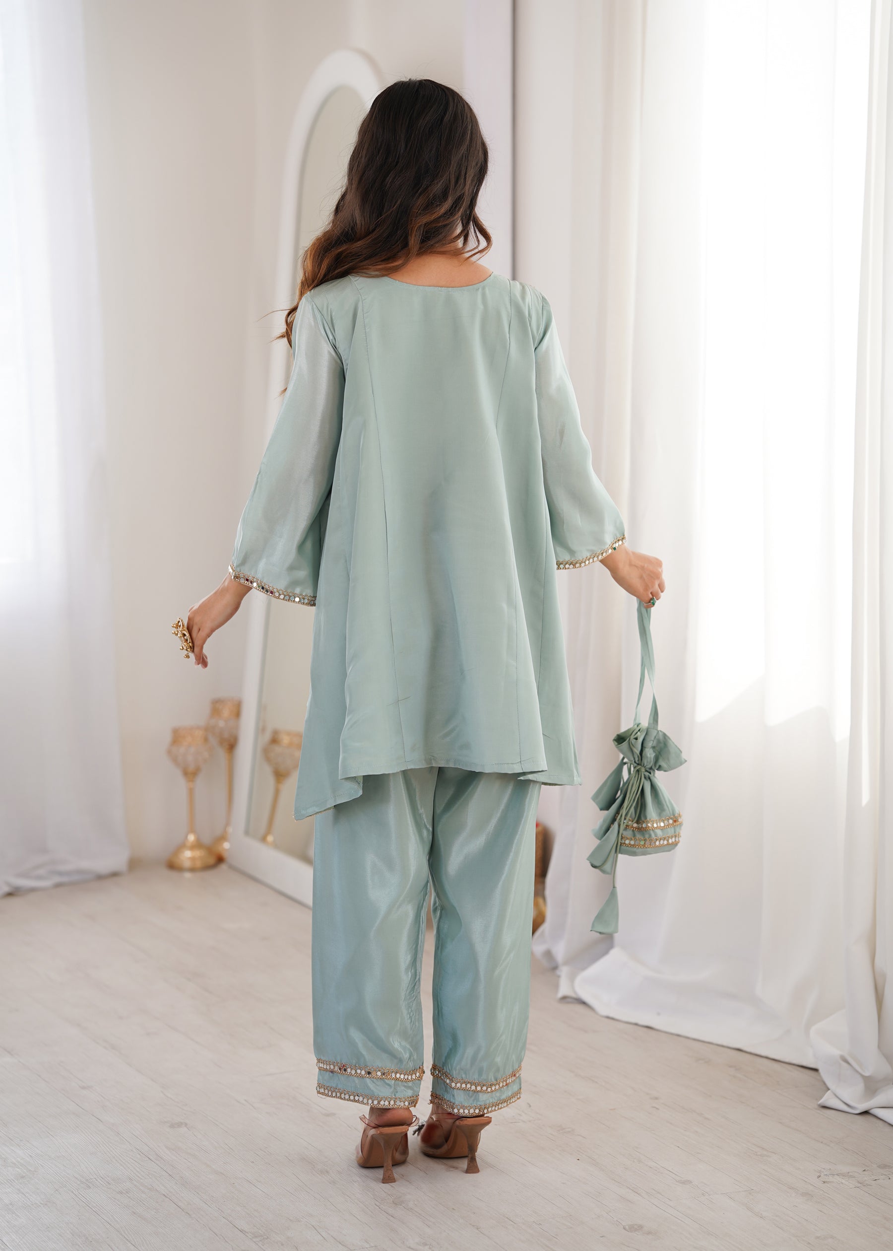 Lorenvalley Fashion Skyblue H O Silk with Real Mirror Embroidered work Kurta Pant with Batwa - Distacart