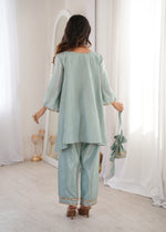 Thumbnail for Lorenvalley Fashion Skyblue H O Silk with Real Mirror Embroidered work Kurta Pant with Batwa - Distacart