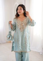 Thumbnail for Lorenvalley Fashion Skyblue H O Silk with Real Mirror Embroidered work Kurta Pant with Batwa - Distacart