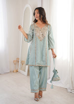 Thumbnail for Lorenvalley Fashion Skyblue H O Silk with Real Mirror Embroidered work Kurta Pant with Batwa - Distacart