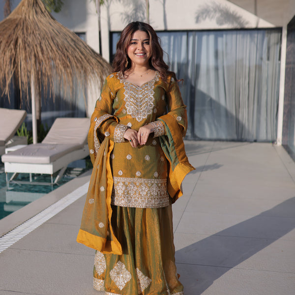 Lorenvalley Fashion Mehendi Fendy Chiffon with Zari Sequins Coding Embroidered work Kurta Palazzo with Dupatta - Distacart
