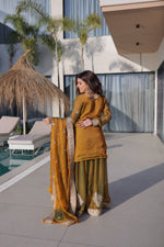 Thumbnail for Lorenvalley Fashion Mehendi Fendy Chiffon with Zari Sequins Coding Embroidered work Kurta Palazzo with Dupatta - Distacart