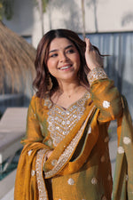 Thumbnail for Lorenvalley Fashion Mehendi Fendy Chiffon with Zari Sequins Coding Embroidered work Kurta Palazzo with Dupatta - Distacart