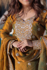 Thumbnail for Lorenvalley Fashion Mehendi Fendy Chiffon with Zari Sequins Coding Embroidered work Kurta Palazzo with Dupatta - Distacart