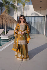 Thumbnail for Lorenvalley Fashion Mehendi Fendy Chiffon with Zari Sequins Coding Embroidered work Kurta Palazzo with Dupatta - Distacart