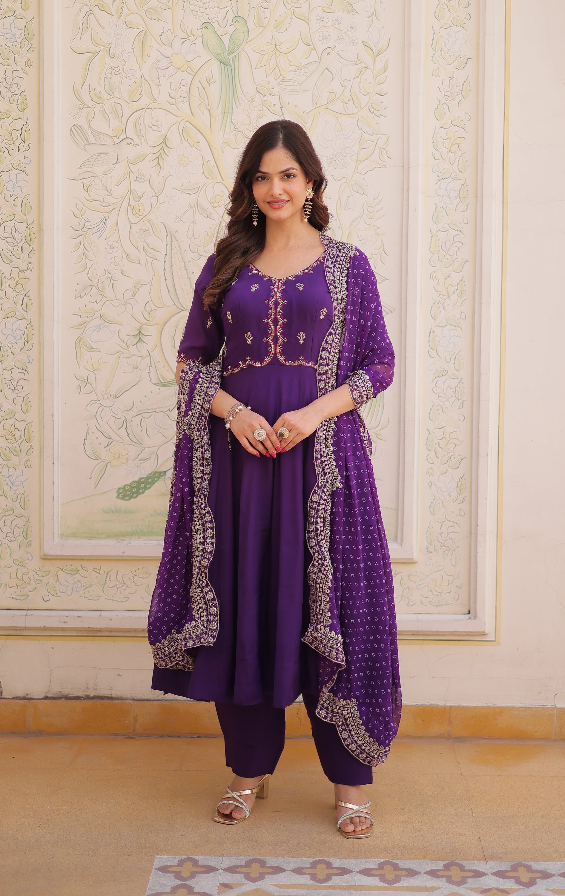 Lorenvalley Fashion Purple Mul Chanderi with Beads Thread Embroidered work Kurta Pant with Dupatta - Dista