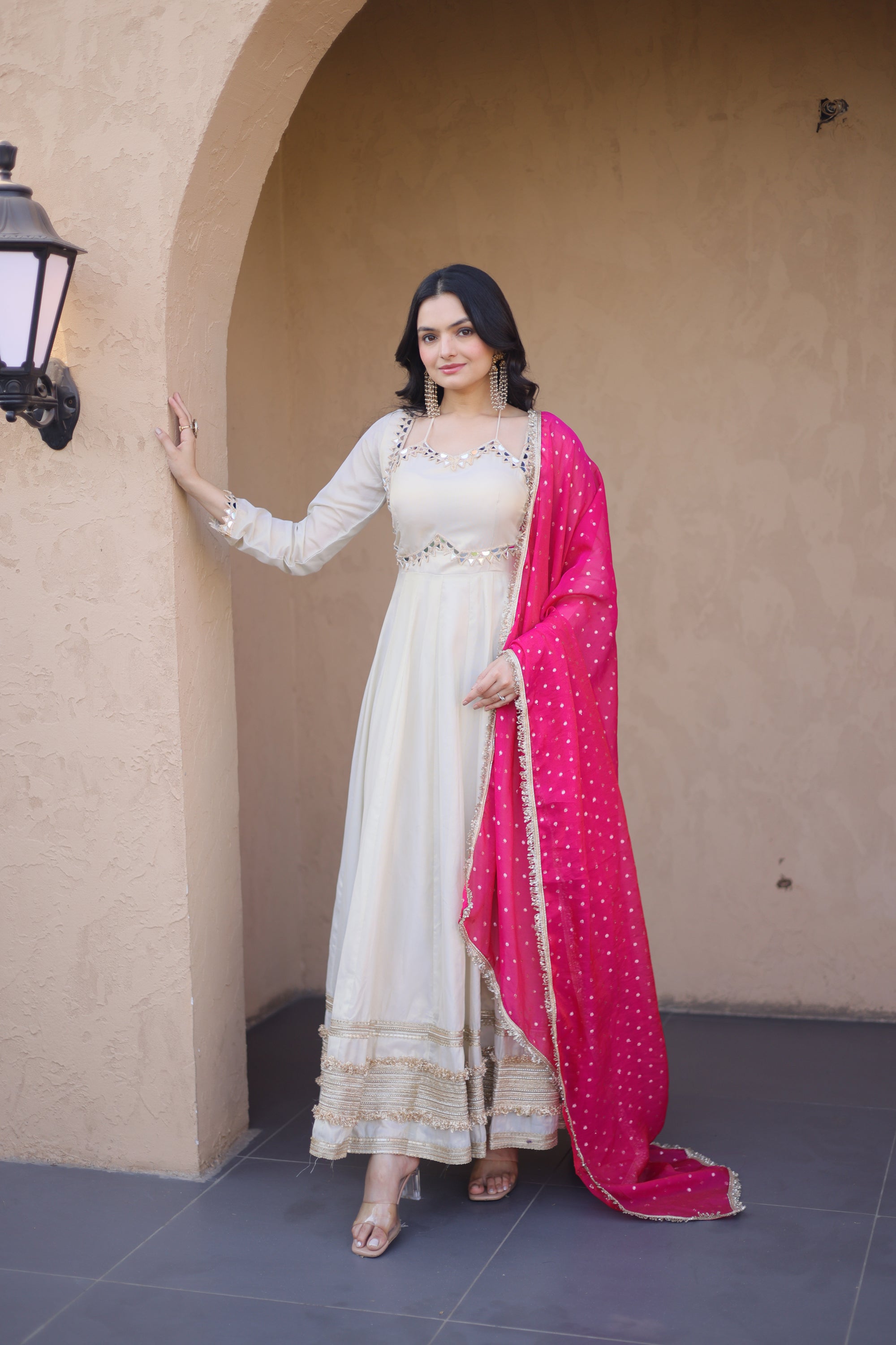 Lorenvalley Fashion Cream Cosmos with Real Mirror with Zari Embroidered lace work Gown with Dupatta - Dista